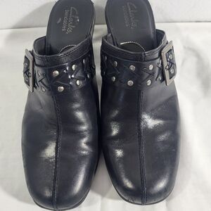 Clarks Bendable’s Women’s Black Mules Heel Buckle Shoes Size 9 M 83544 Leather